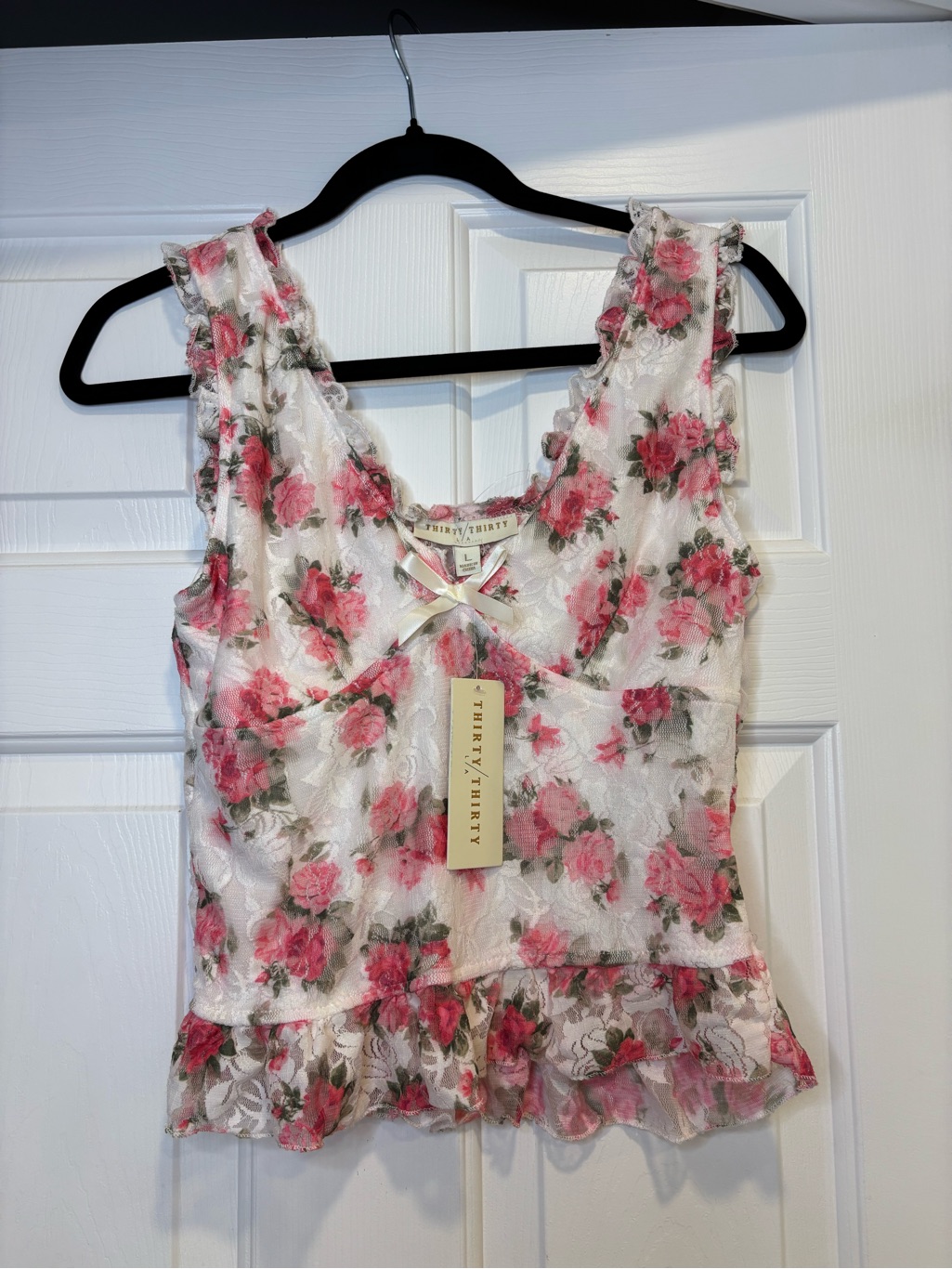 Thirty/Thirty Floral Lace Ruffle Shell Top - Pink On White